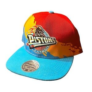 Datroit Pistons Mitchell & Ness Snapback Teal Blue Yelllow & Red Embroidered Hat